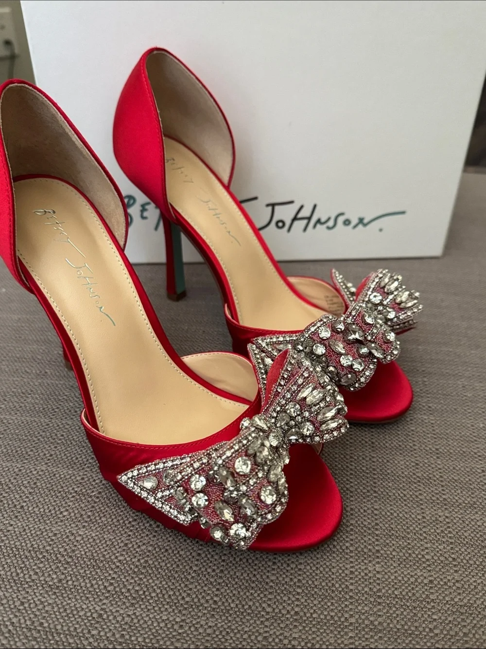 Betsey Johnson Red Satin Crystal Bow D'Orsay Heels - Picture 1 of 3